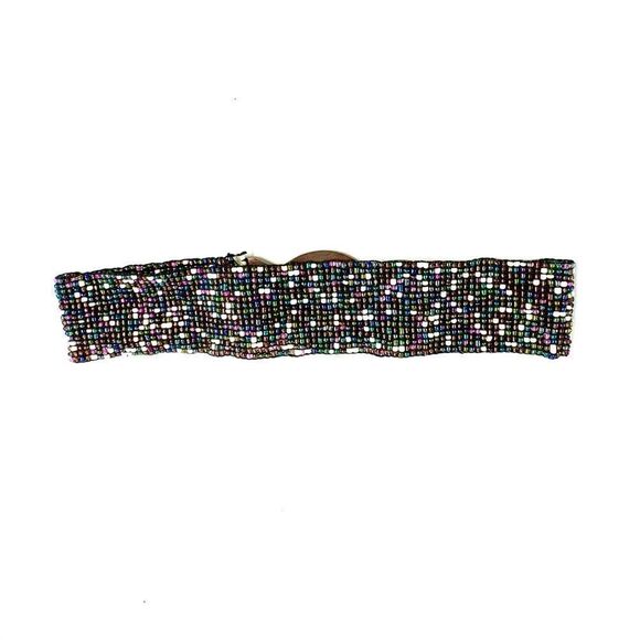 Vintage hand beaded belt with elastic waist band and wooden clasp - Picture 2 of 4